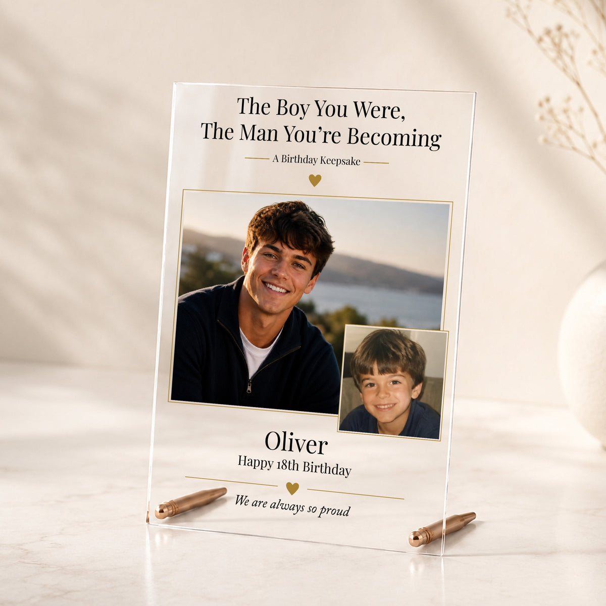 Personalised 18th birthday acrylic photo plaque for him with childhood and recent photographs, name and rose gold display rods