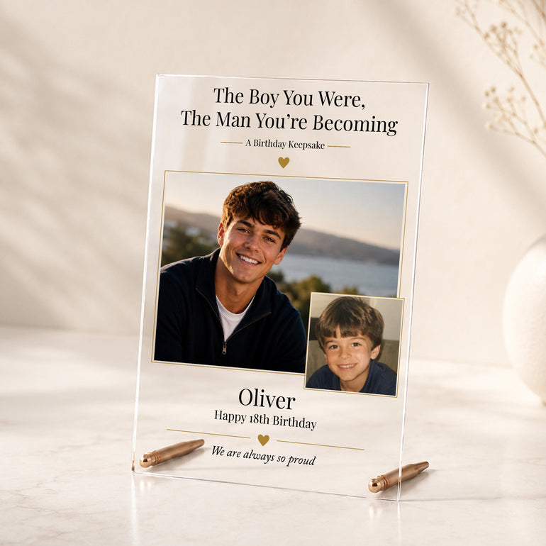 Personalised 18th birthday acrylic photo plaque for him with childhood and recent photographs, name and rose gold display rods