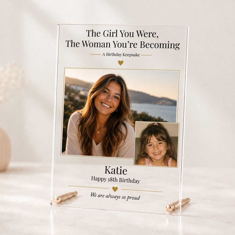 Personalised 18th birthday acrylic photo plaque for her with childhood and recent photographs, name and rose gold display rods