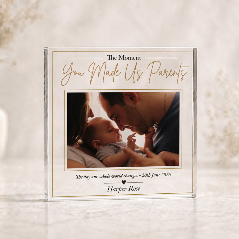 Personalised new parents acrylic photo block with mum dad and newborn baby photograph, baby's name and birth date.