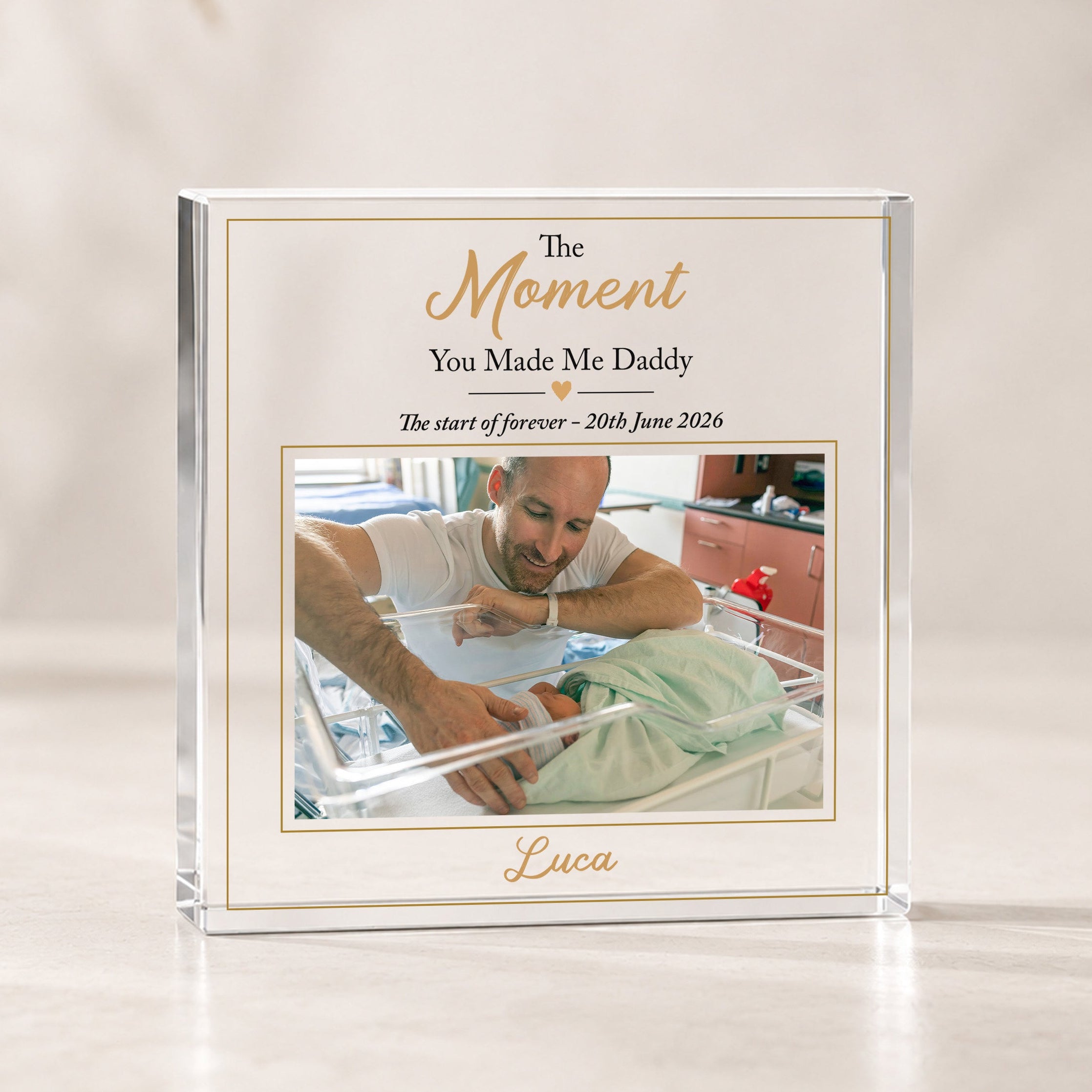 Personalised new dad acrylic photo block showing daddy meeting his newborn baby with baby's name and birth date.