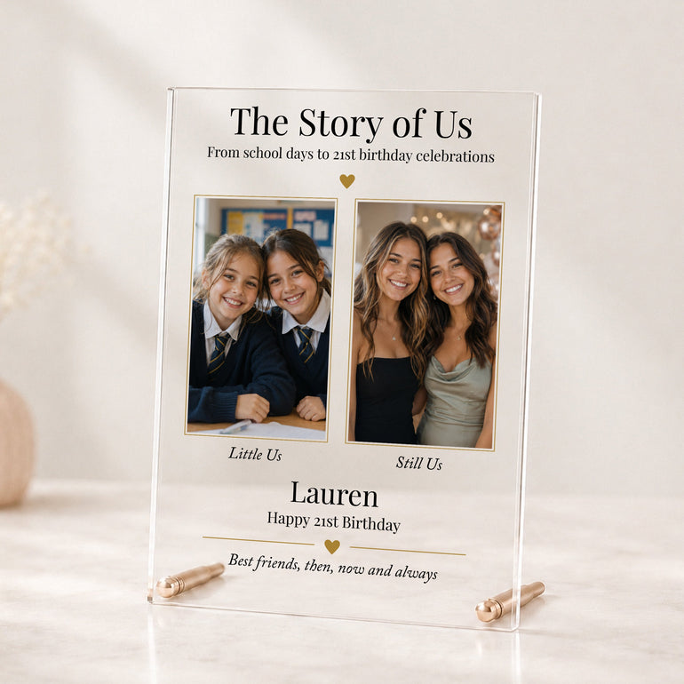 Personalised 21st birthday acrylic photo plaque for a best friend with school-days and recent photographs and rose gold rods