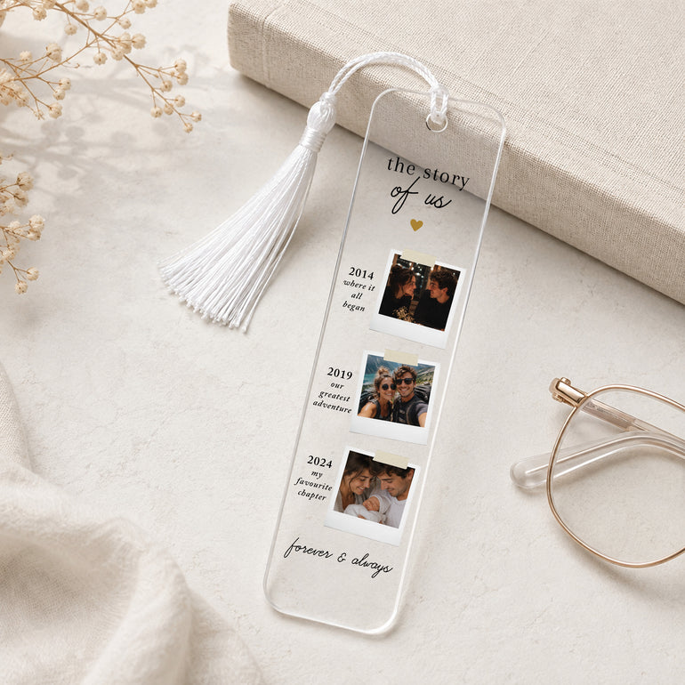 Personalised couple relationship story bookmark with three milestone photos, dates and captions finished with a white tassel.
