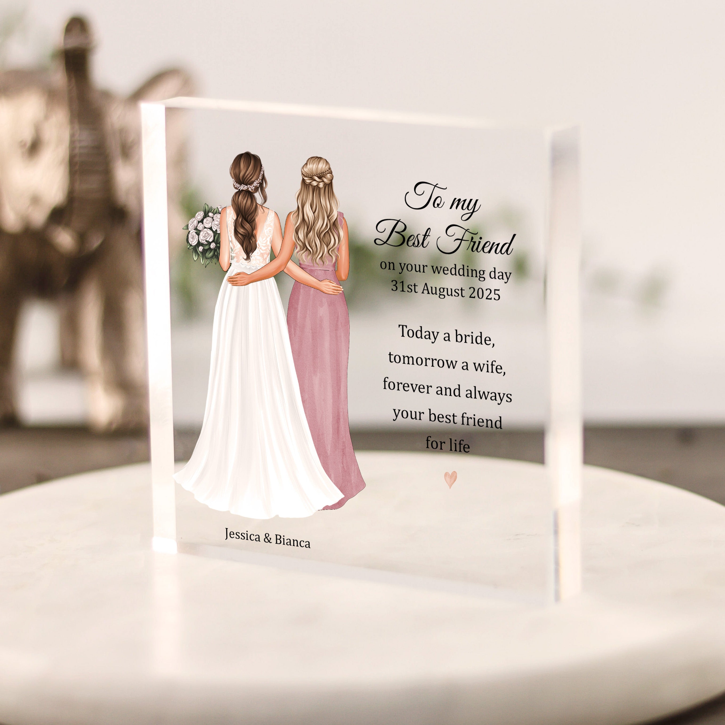 Personalised bridesmaid to best friend wedding day acrylic block with custom illustration