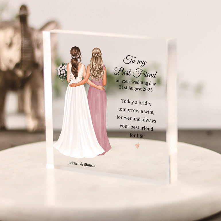 Personalised bridesmaid to best friend wedding day acrylic block with custom illustration