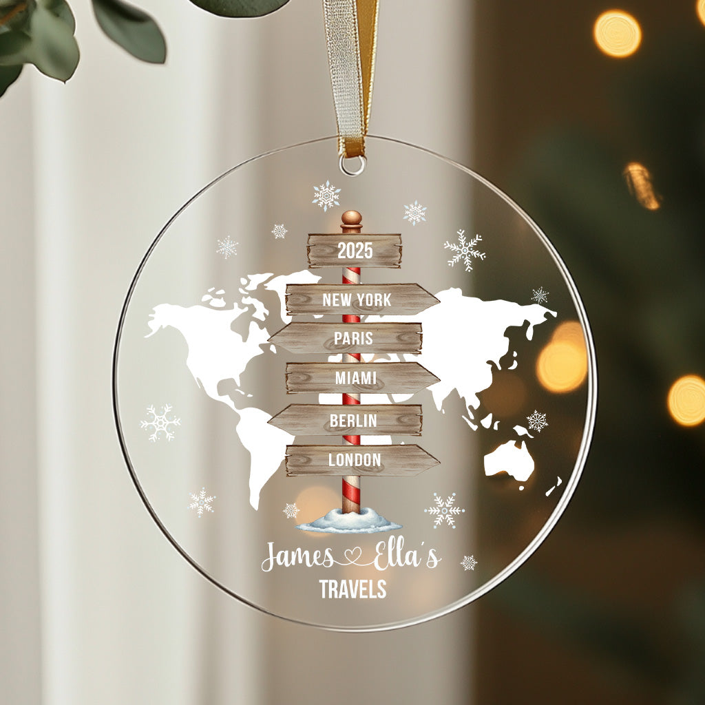 Personalised travel Christmas bauble with world map and custom destination signpost on clear acrylic
