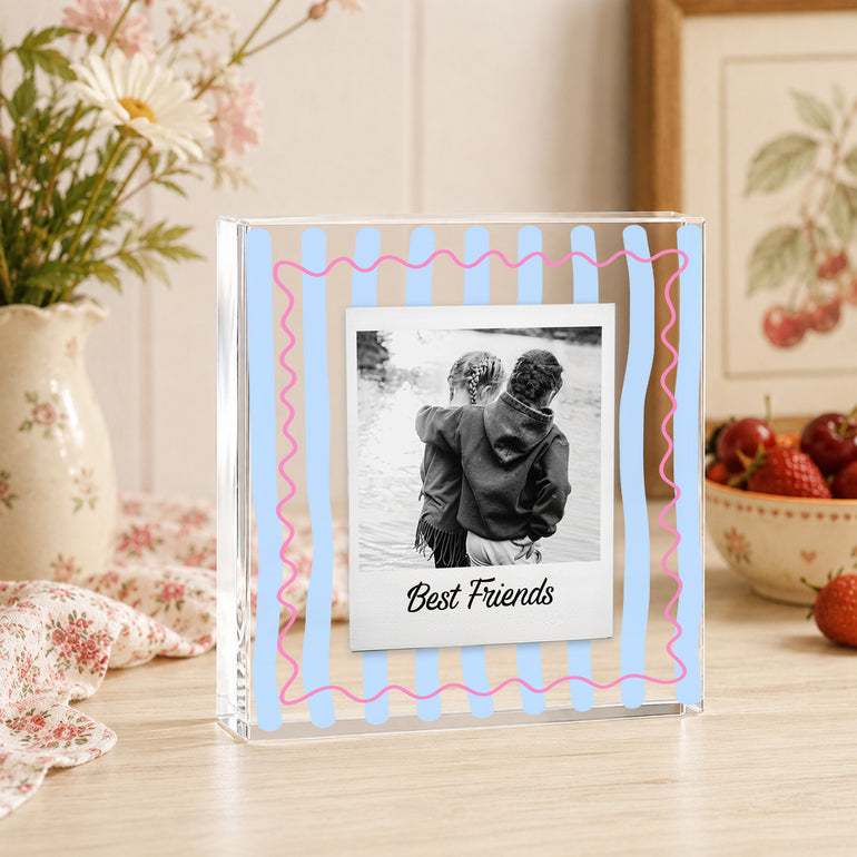 Square acrylic school friend photo gift with blue wavy stripe design, pink outline and personalised friendship wording.