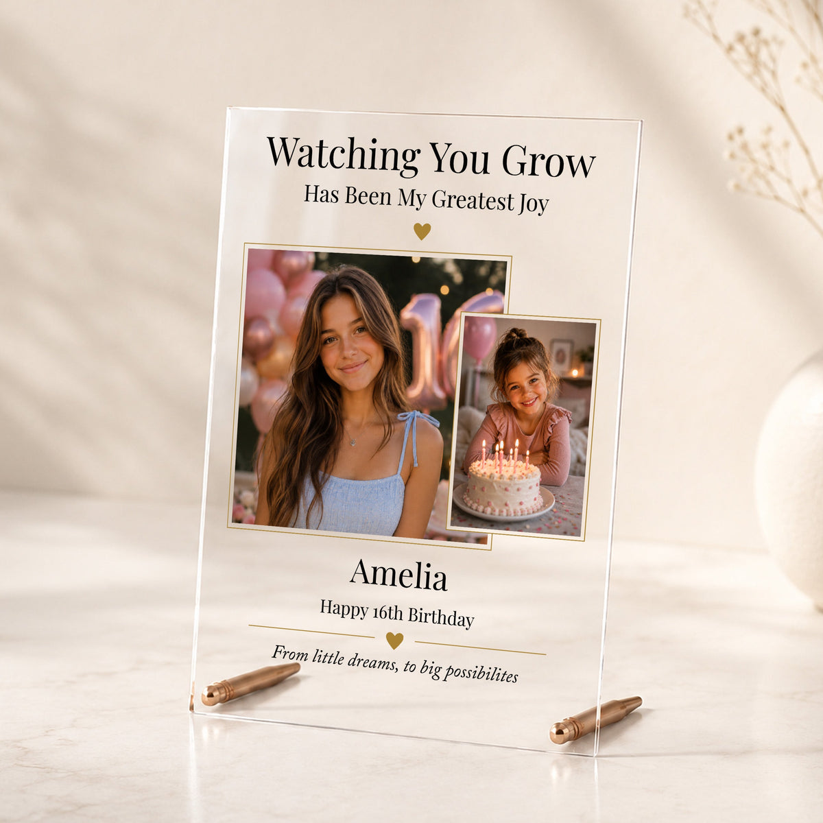 Personalised 16th birthday acrylic photo plaque for her with childhood and recent photographs, name and rose gold display rods