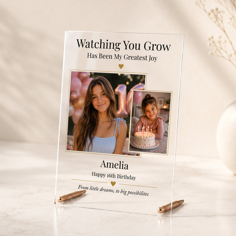 Personalised 16th birthday acrylic photo plaque for her with childhood and recent photographs, name and rose gold display rods