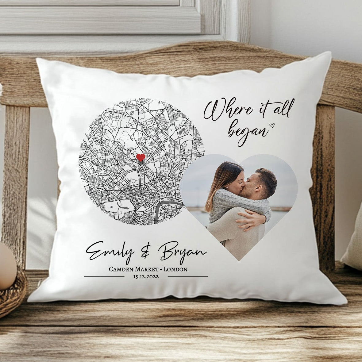 Personalised where it all began map cushion with photo names and custom location