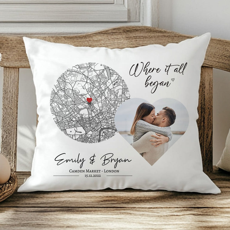 Personalised where it all began map cushion with photo names and custom location