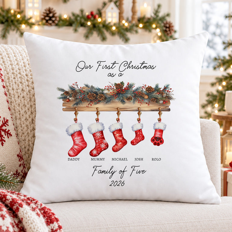 Personalised family Christmas stocking cushion with named stockings, Family of Five wording and year