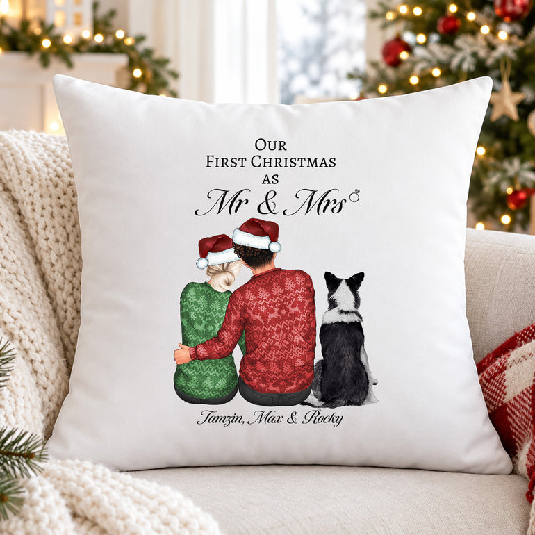 Personalised Our First Christmas as Mr and Mrs cushion with festive couple characters, pet dog and family names