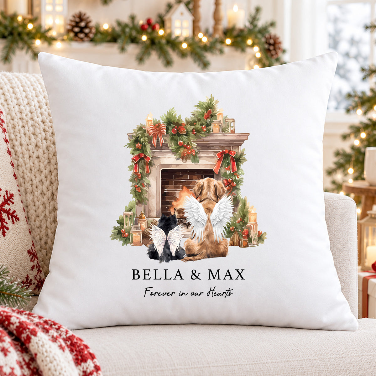 Personalised Christmas pet memorial cushion with two angel wing pets beside a festive fireplace and Forever in our Hearts wording