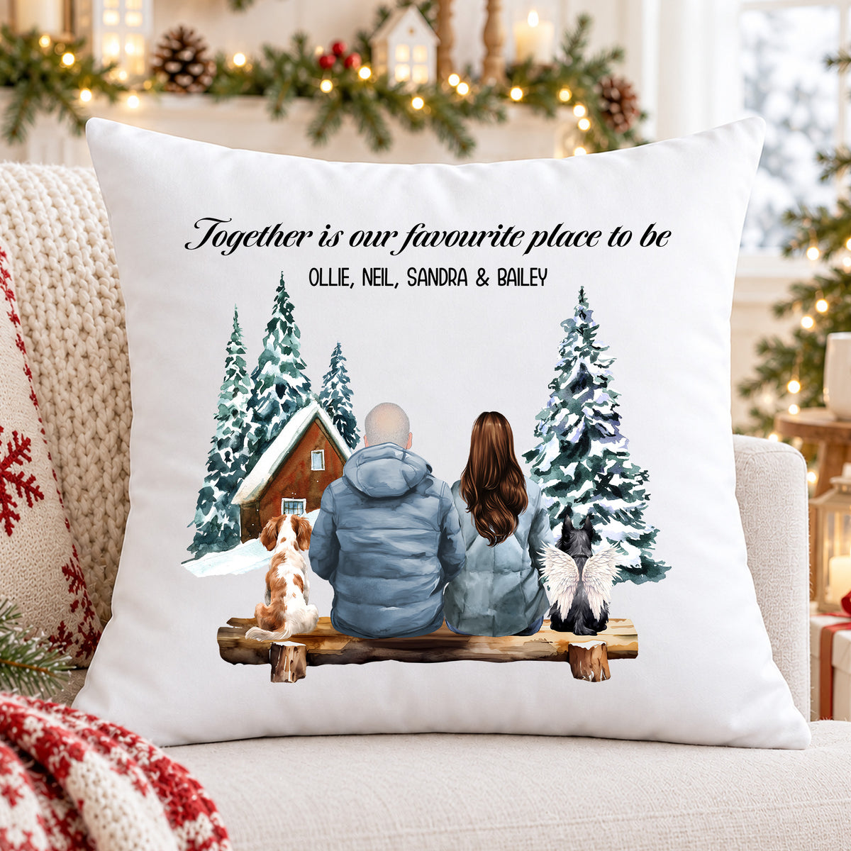 Personalised family Christmas cushion with couple, dogs, names, snowy winter cabin scene and memorial pet angel wings