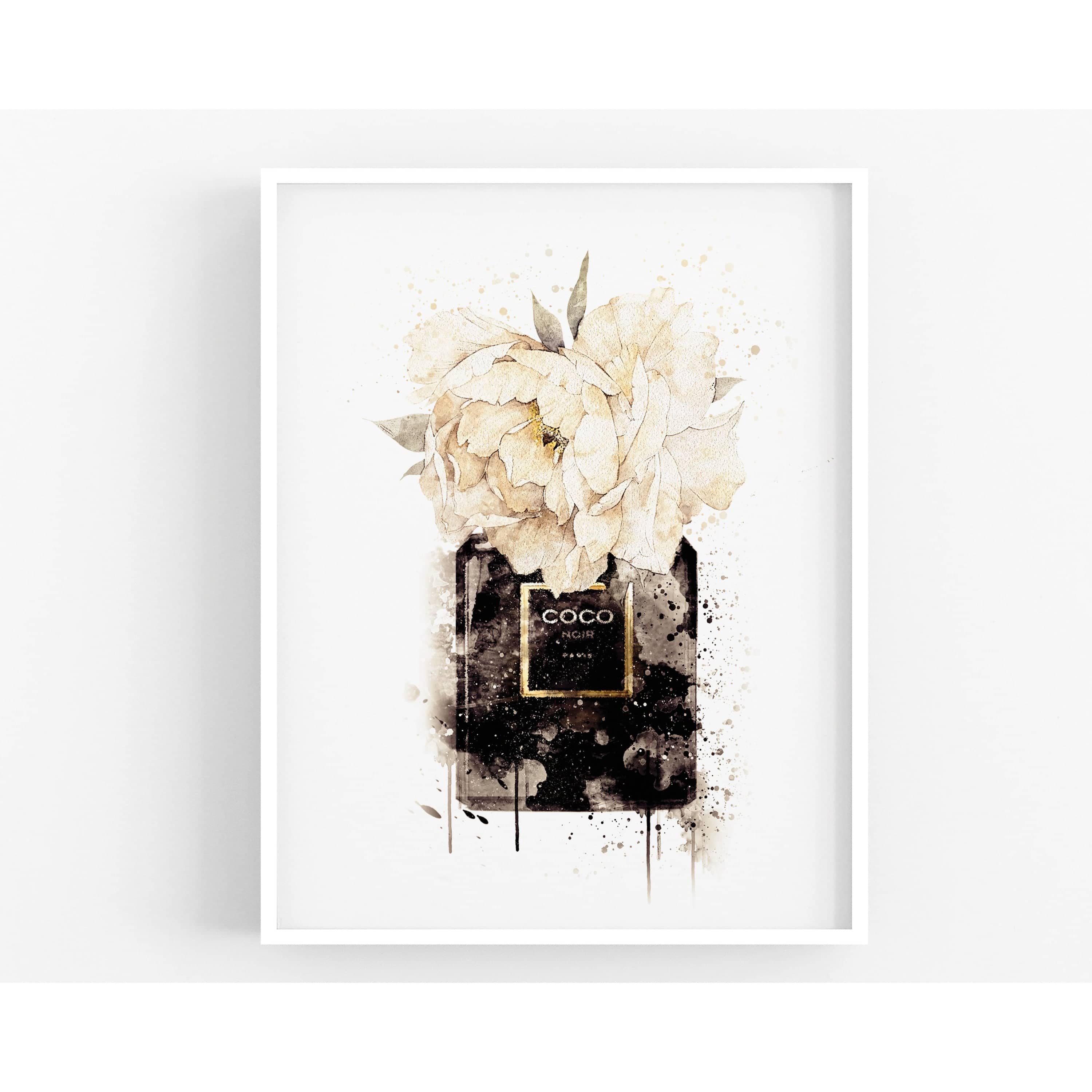 Designer Perfume Bottle Watercolour with Flowers, Fashion Print, Fashion Wall Art - Black and Cream-Papier Art Designs