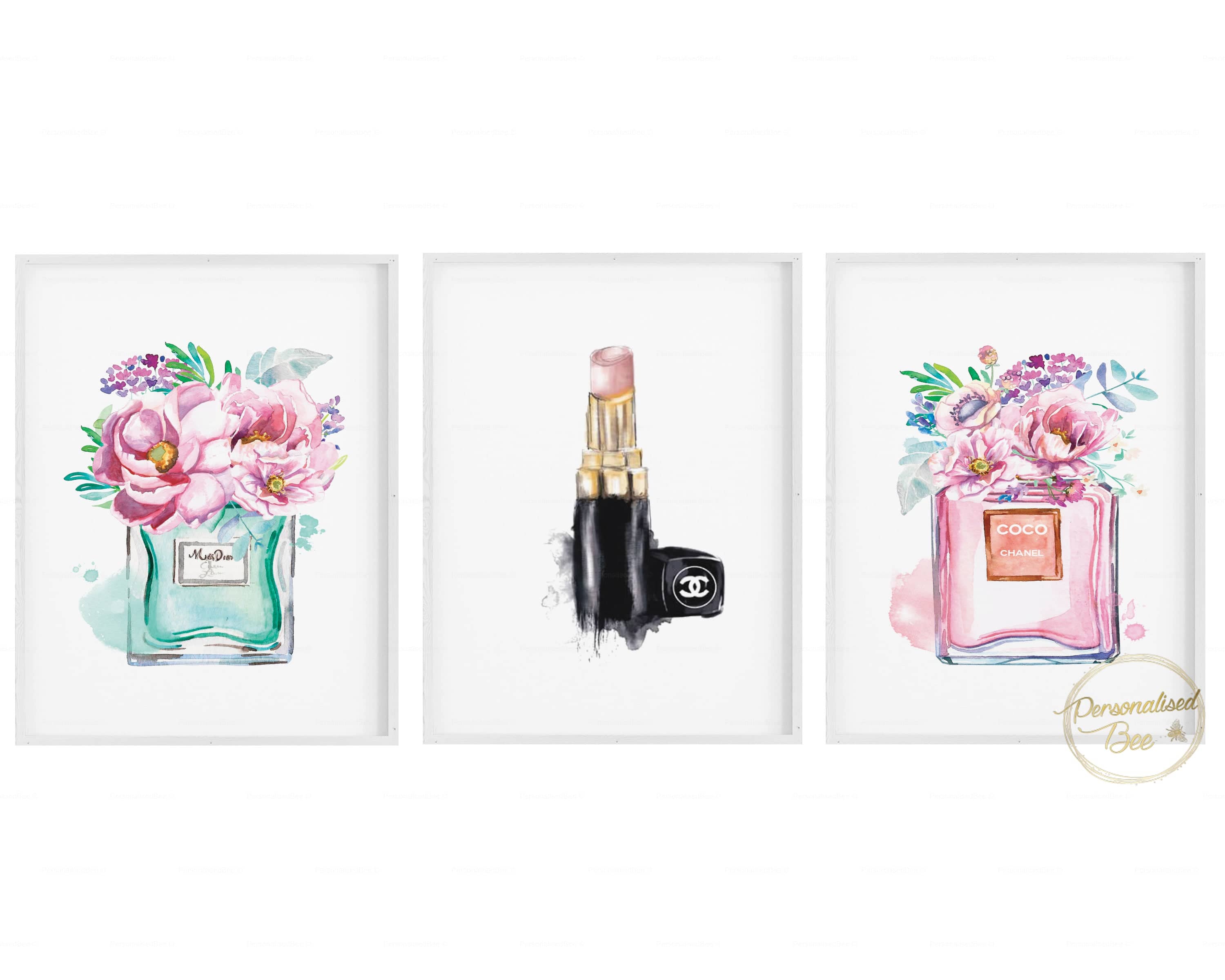 Perfume Bottle Pink flowers, Lips Print - Set of 3.