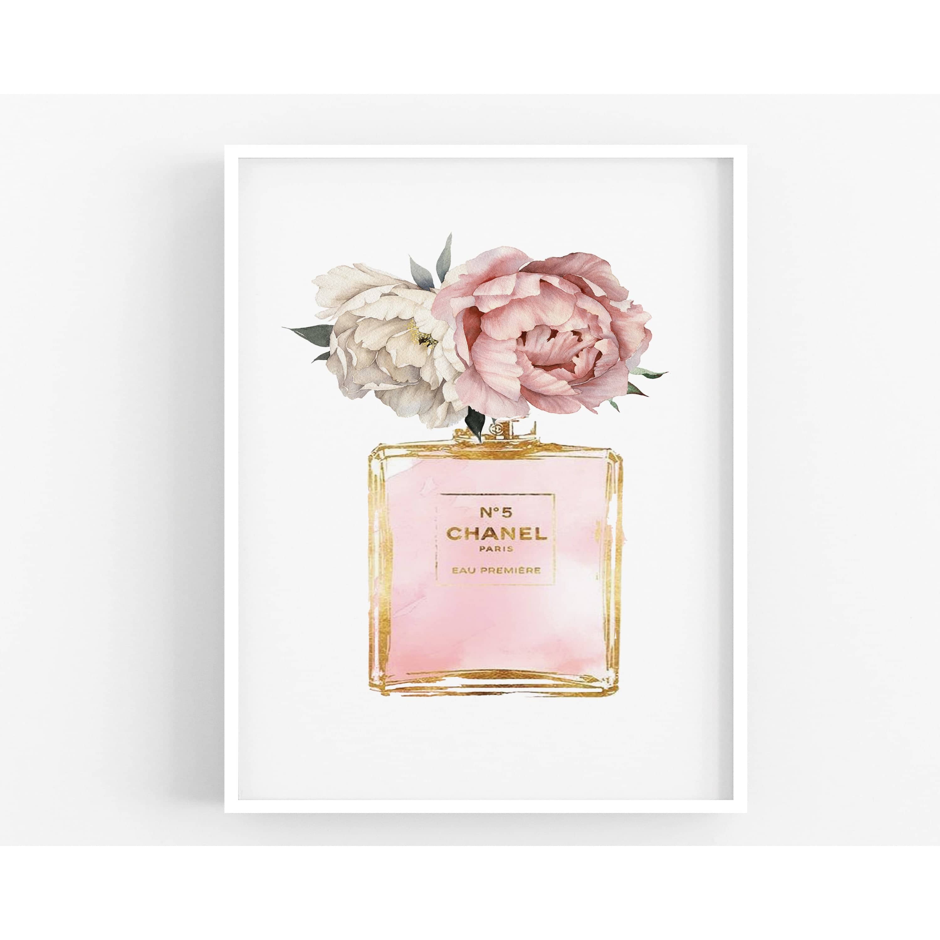 Perfume Bottle Watercolour with Peonies Flowers, Fashion Print, Fashion Wall Art - Pink-Papier Art Designs