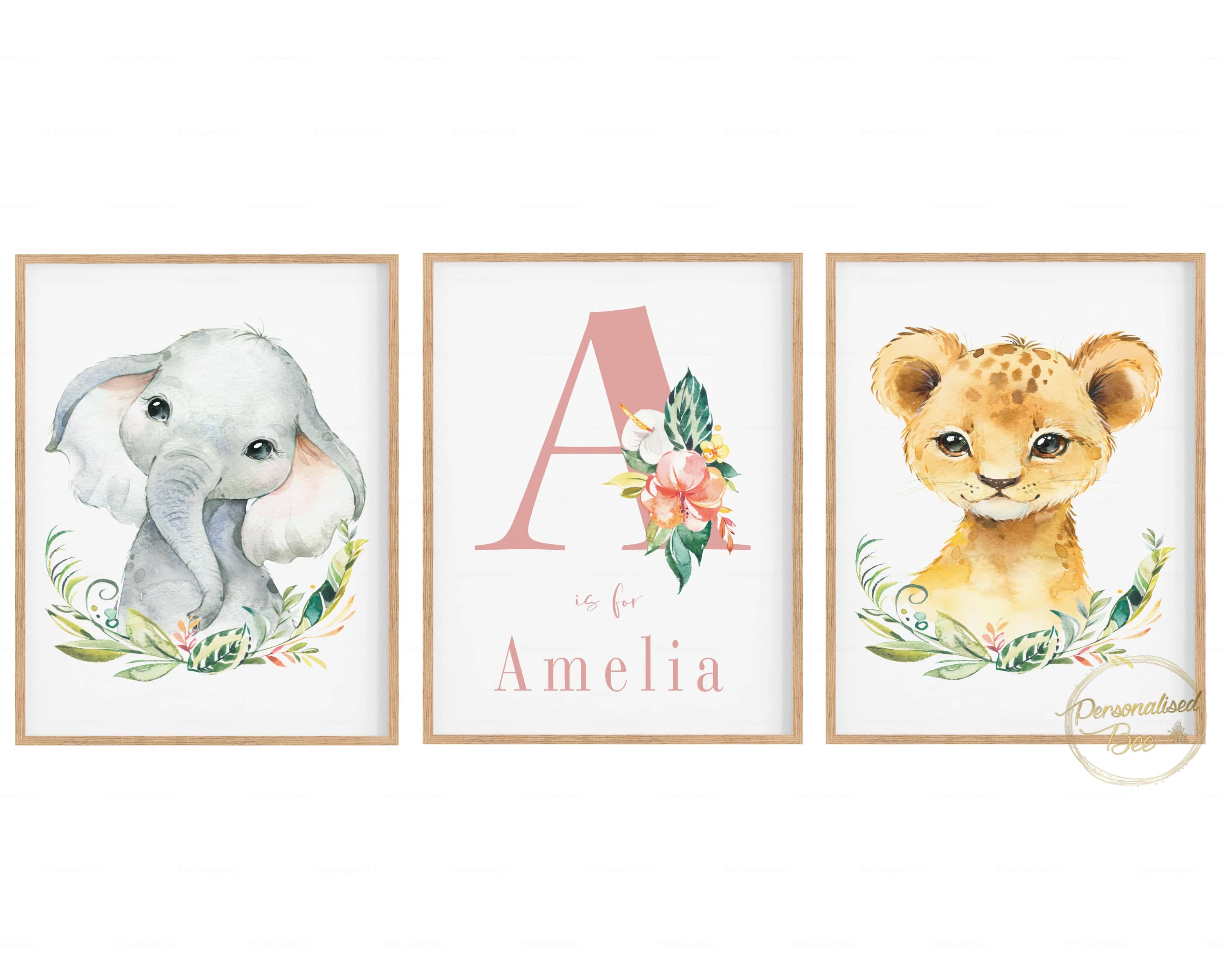 Safari Animals Nursery Prints & Personalised Name - Girls.