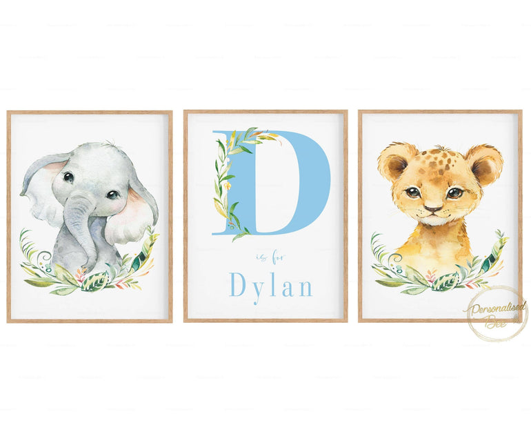 Safari Animals Nursery Prints & Personalised Name - Boys.