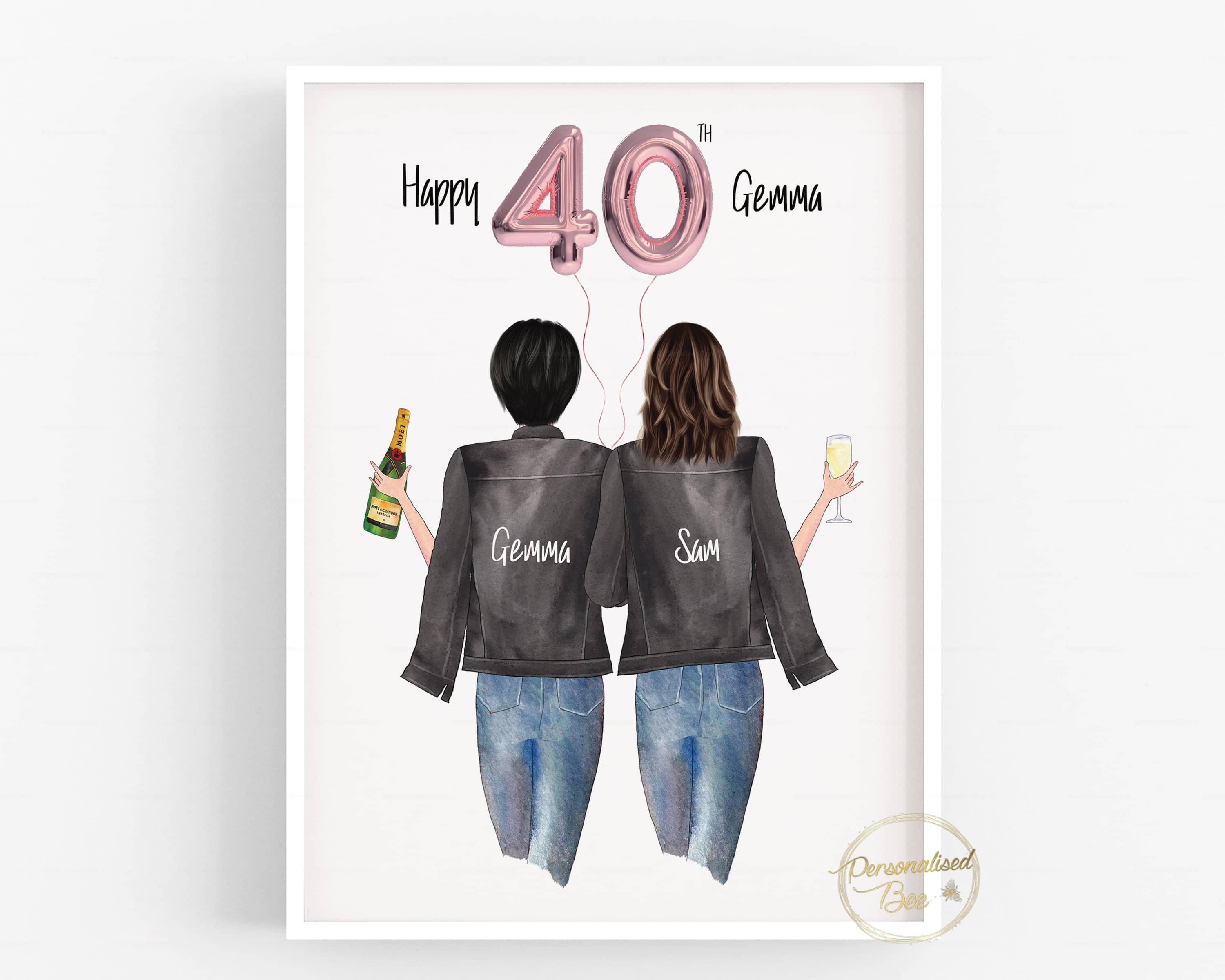 40th Birthday Gift - 2 Friends  Portrait Illustration Personalised Print.