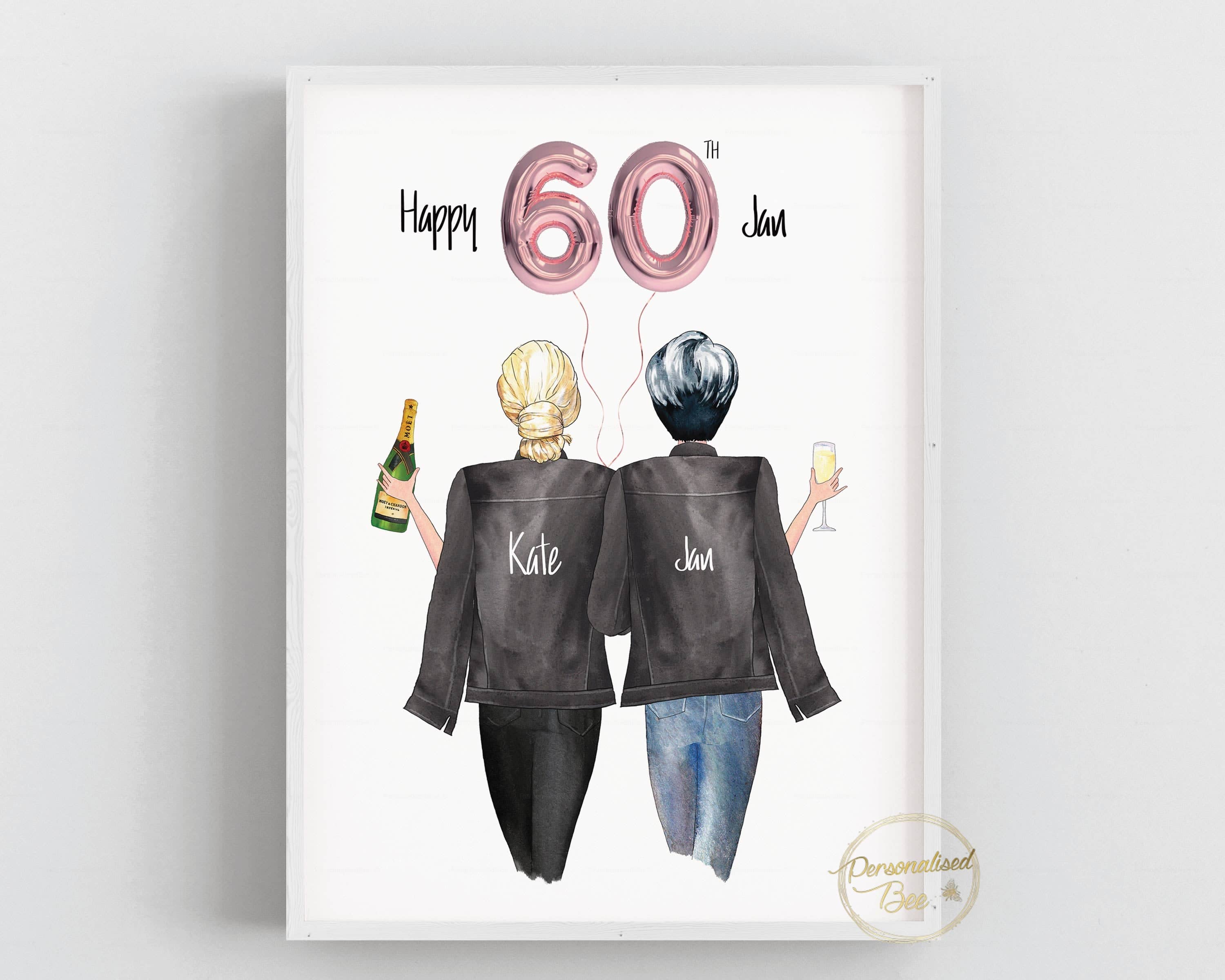 60th Birthday Gift for Her - Personalised Friendship Print with Birthday Balloons.