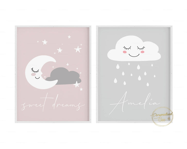 Personalised Raining Cloud And Sweet Dreams Nursery Prints - Set Of 2.