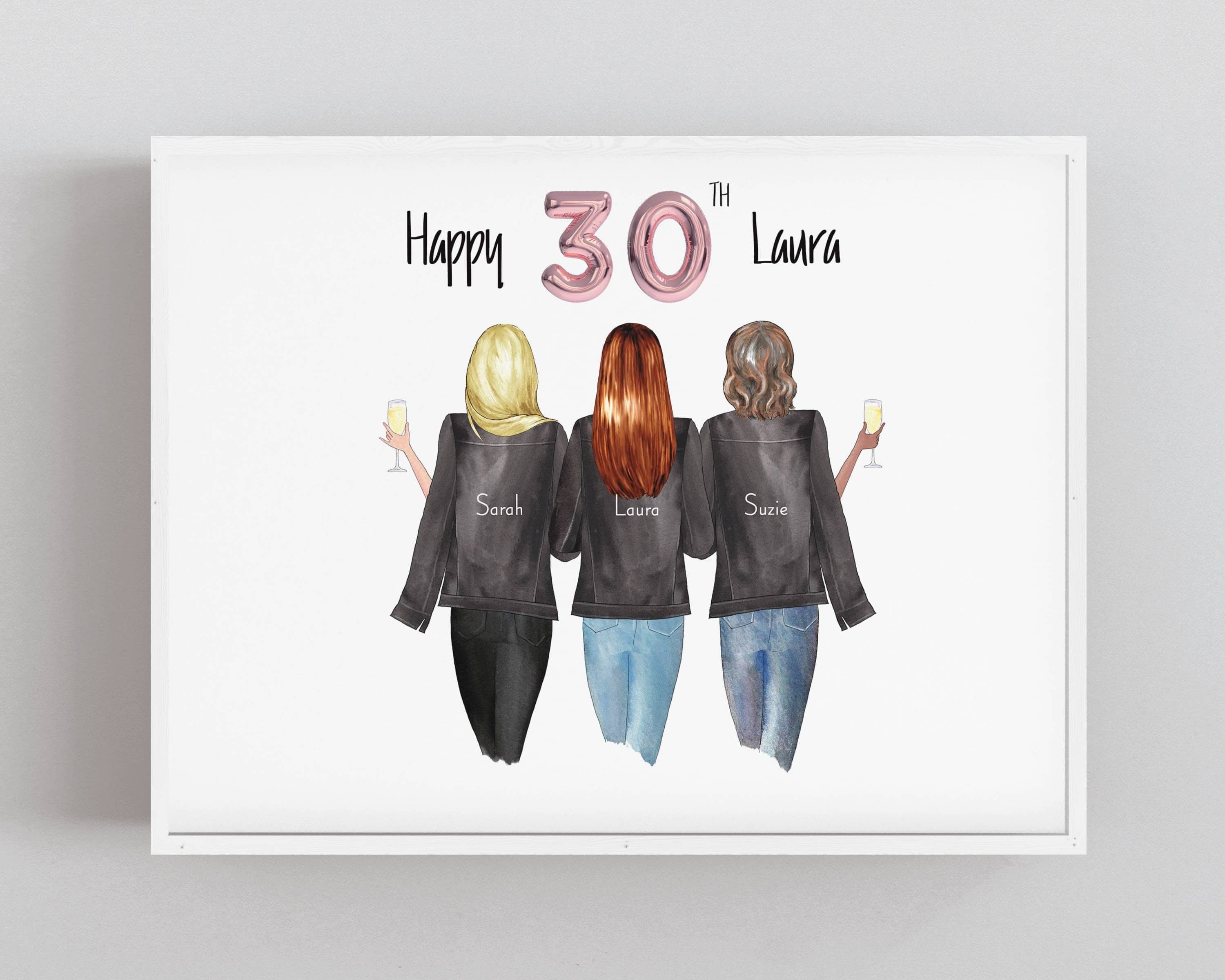 Personalised Gift for 3 Friends,30th Birthday Gift,Keepsake Friendship Print,Best Friends,Customisable Hair,Clothing,Drinks UNFRAMED