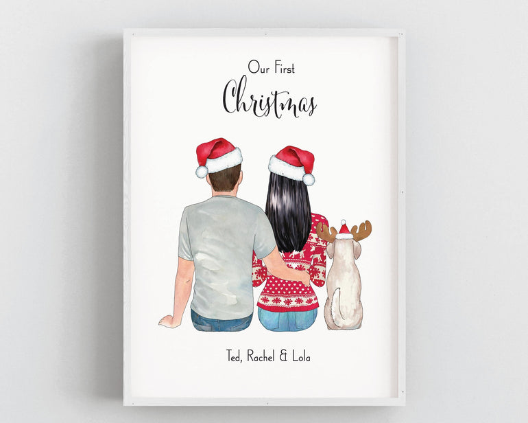 Custom Portrait Christmas Couple and Pet, First Christmas, Boyfriend/Girlfriend Gift Print, First Home Print, Home Decor, Customisable