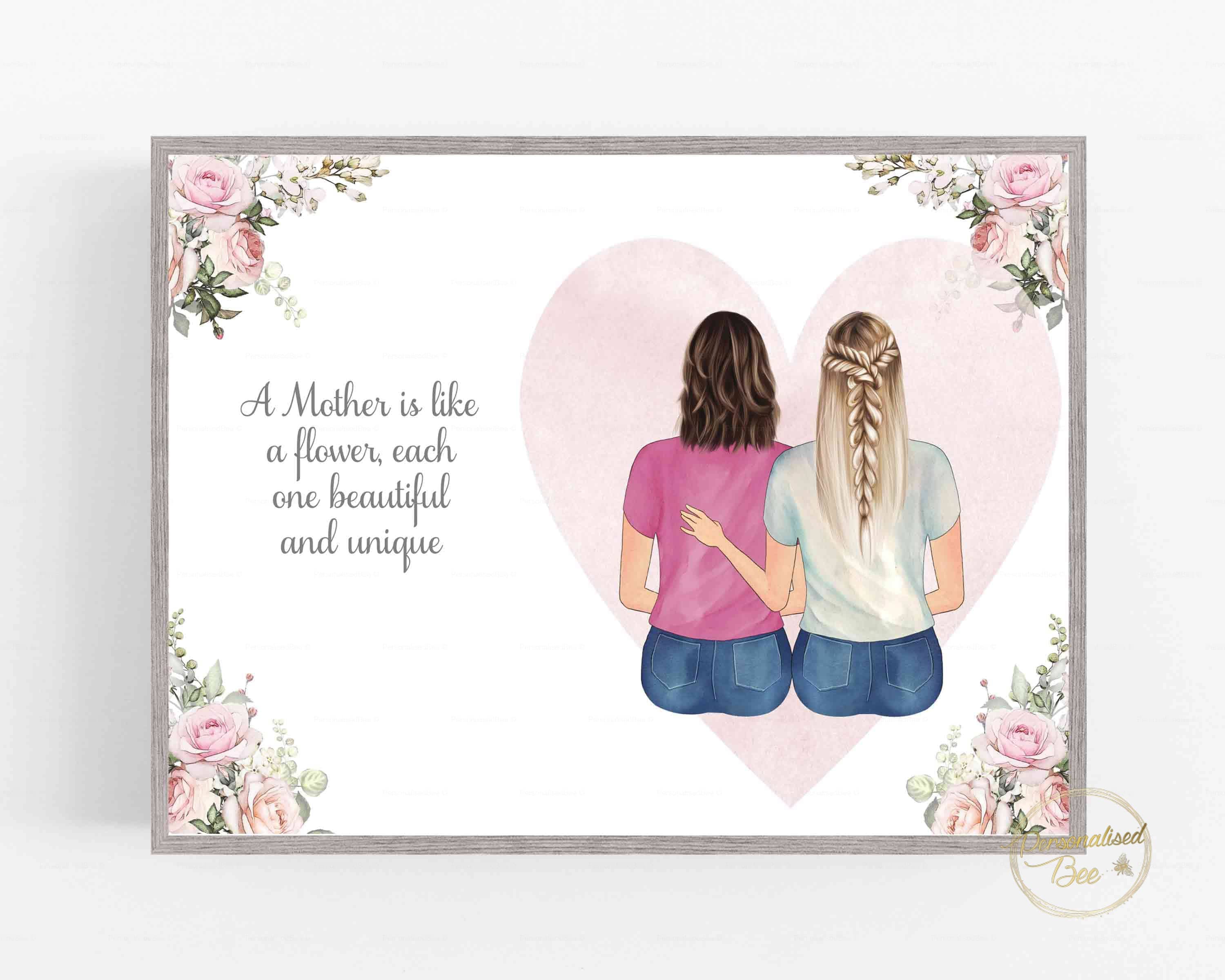 Personalised Gift for Mum, Floral Mothers Day Gift, Mum Gift Print, Birthday gift for Mum,Mother Daughter Print,Miss You Mum,Family Portrait