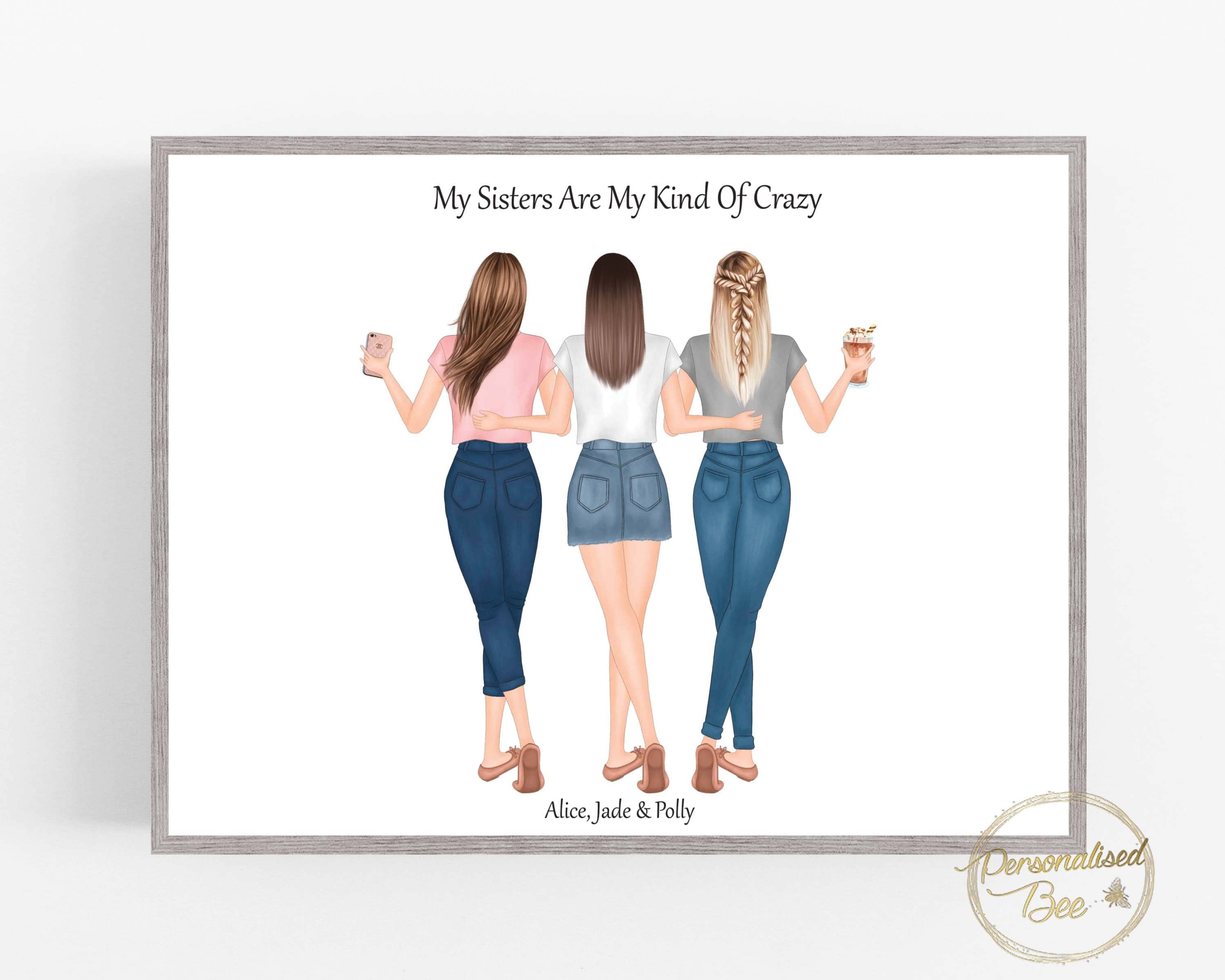 Personalised Sister Gift, Custom Sister print, 3 sisters Portrait, illustration picture, Unique Birthday gift BFF Customised Letterbox Gift
