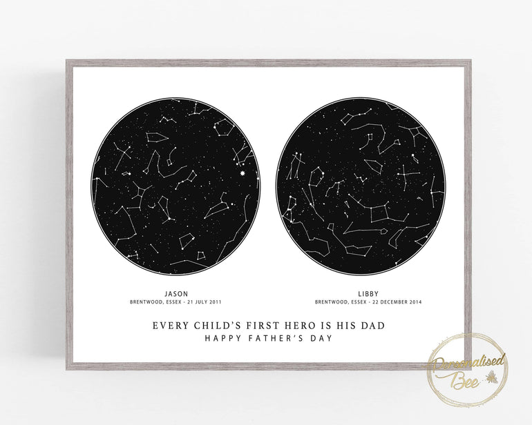 Personalised Fathers Day Gift, 2 Children Star Map Print, Custom The Night You Became, Personalised Gift for Dad, Constellation Print
