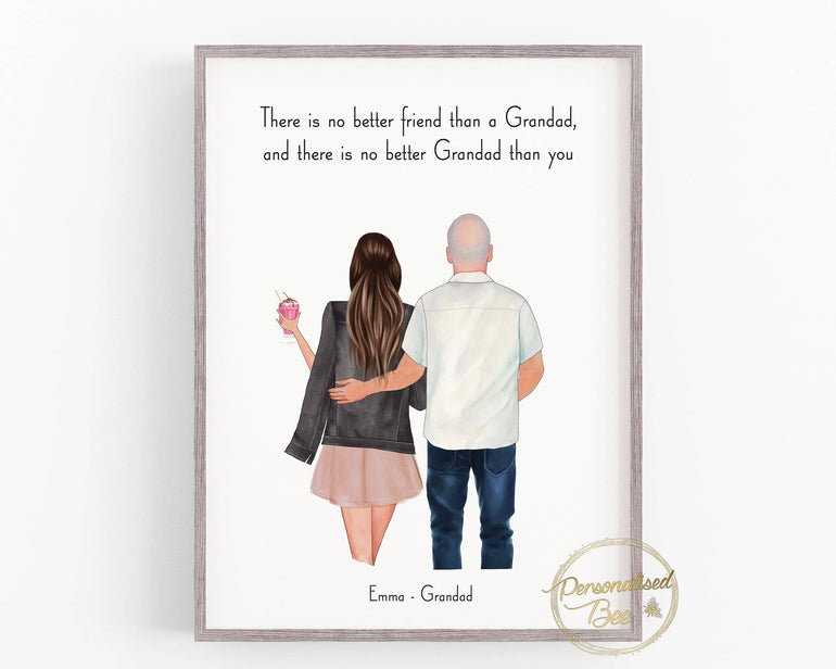 Fathers Day Gift, Personalised Grandad and Granddaughter Print, Grandad Grandchildren Family Portrait, People Drawing, Birthday Gift