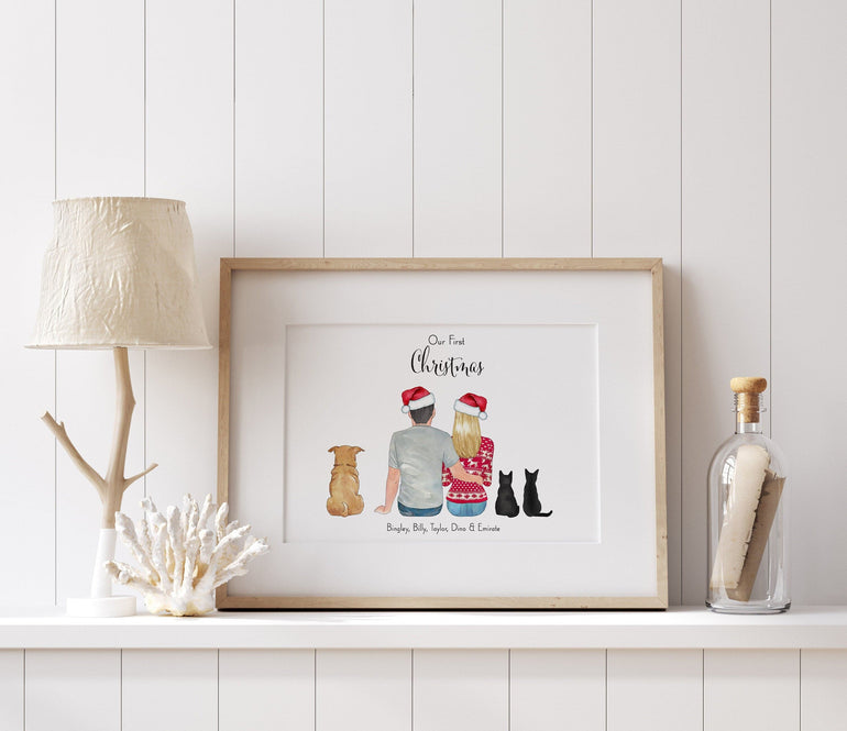 Custom Portrait Christmas Couple and Pet, First Christmas, Boyfriend/Girlfriend Gift Print, First Home Print, Home Decor, Customisable