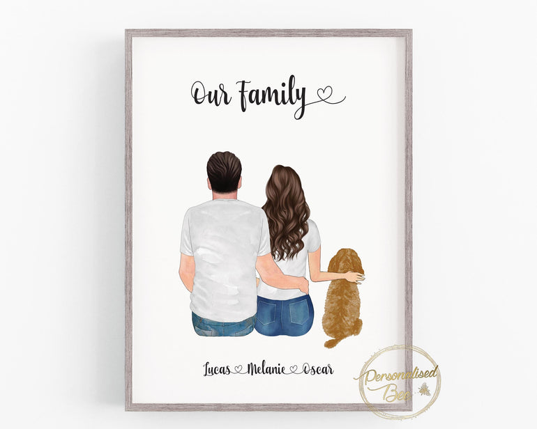 Personalised Family Dog Print, Couple Dog Print, Couple and Pet, Couple illustration, Custom Portrait, Anniversary Gift, Personalised Decor