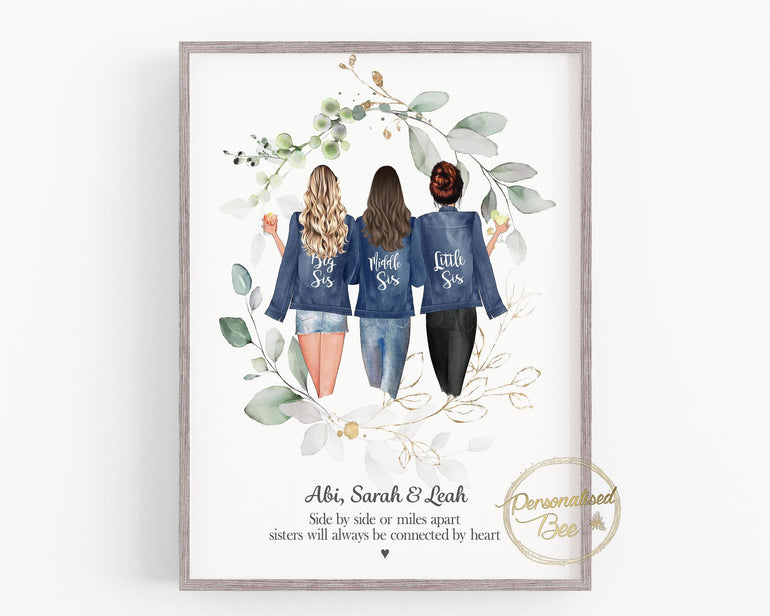 Personalised Gift for a Sister, Big Sis,Middle Sis, Little Sis, Sisters, Siblings Family Keepsake Print,Birthday,Letterbox Present V2