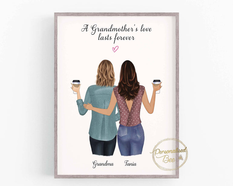 Gift for Grandma, Grandma and Granddaughter Illustration, Family Portrait Print, Nan Birthday Gift from granddaughter