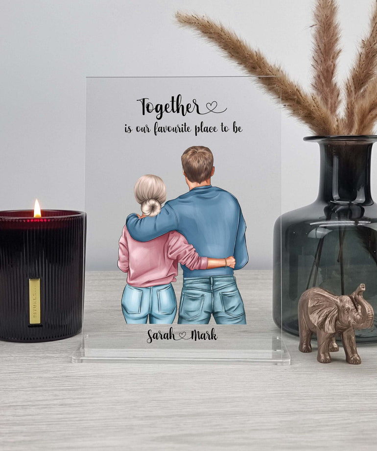 Couples Personalised Acrylic Plaque with Stand, Valentines Day Gift for Him, Girlfriend Valentines Gift, New Home Gift,Portrait Illustration