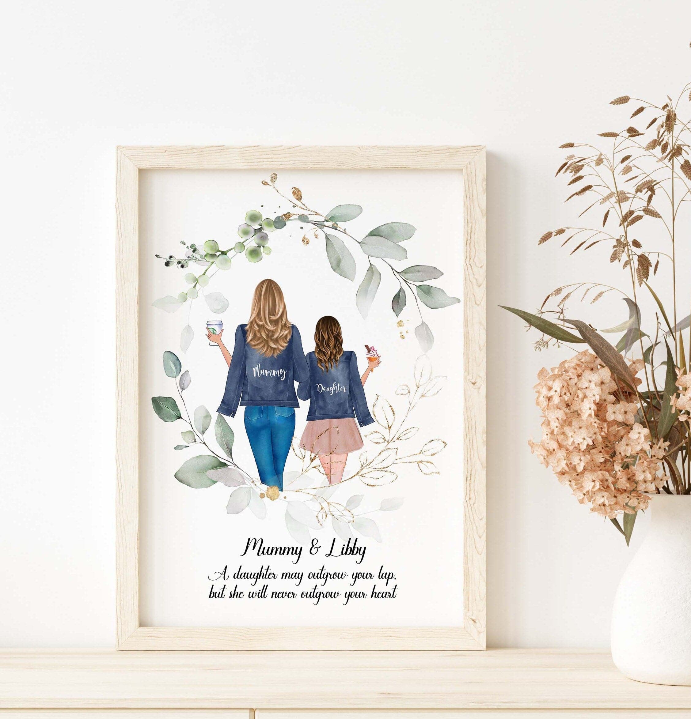Mummy Gift, Mummy and Daughter Illustration Picture, Birthday Gift for Mum, Mothers Day Present, Gift for Mom, Gift from Child,Mum and Child
