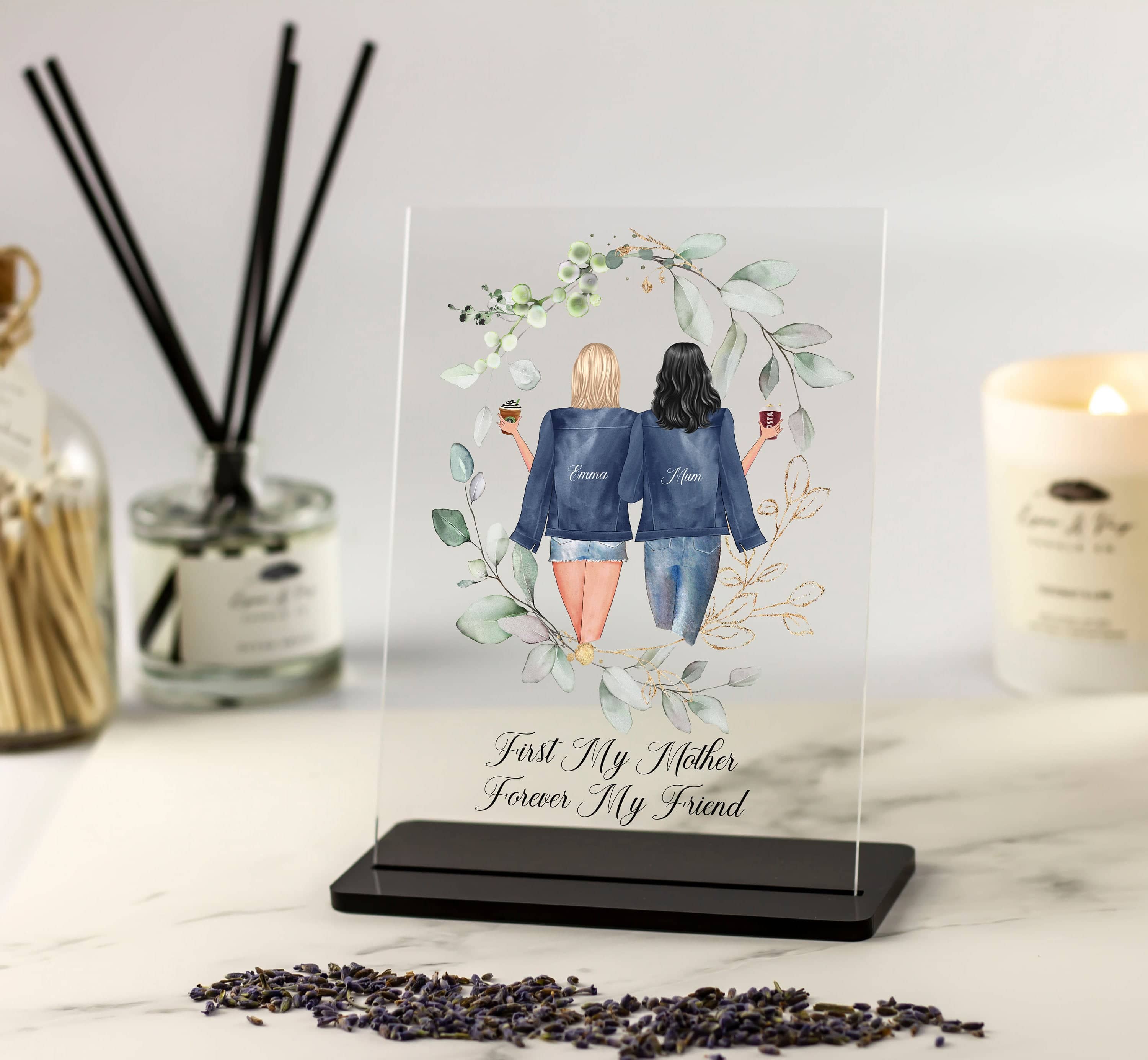 Personalised Mother and Daughter Print, Mum Birthday Gift, Mothers Day Unique Gift, Gift from Daughter Wreath Clear Acrylic Plaque Keepsake