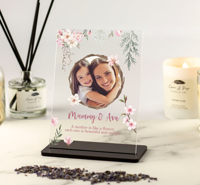 Personalised Mum Gift, Photo Print with Floral Design- Mother and Daughter/Son Keepsake Gift, Mom Gift Photo Frame Acrylic Photo Plaque