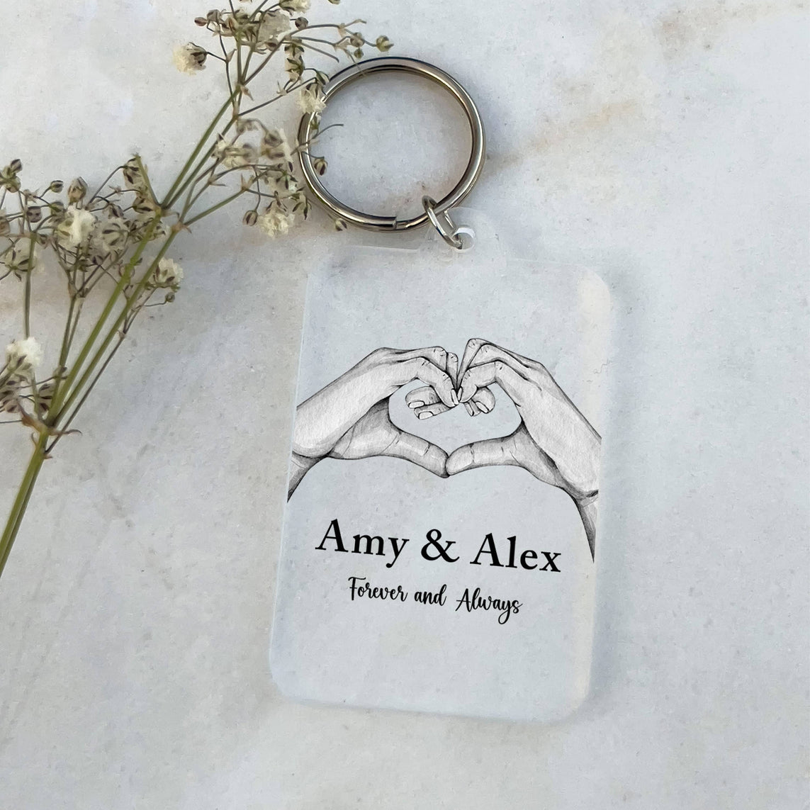 Personalised Couple Anniversary Gift for Him Her Keyring Forever Always Hand Heart Clear Acrylic Personalised Bee