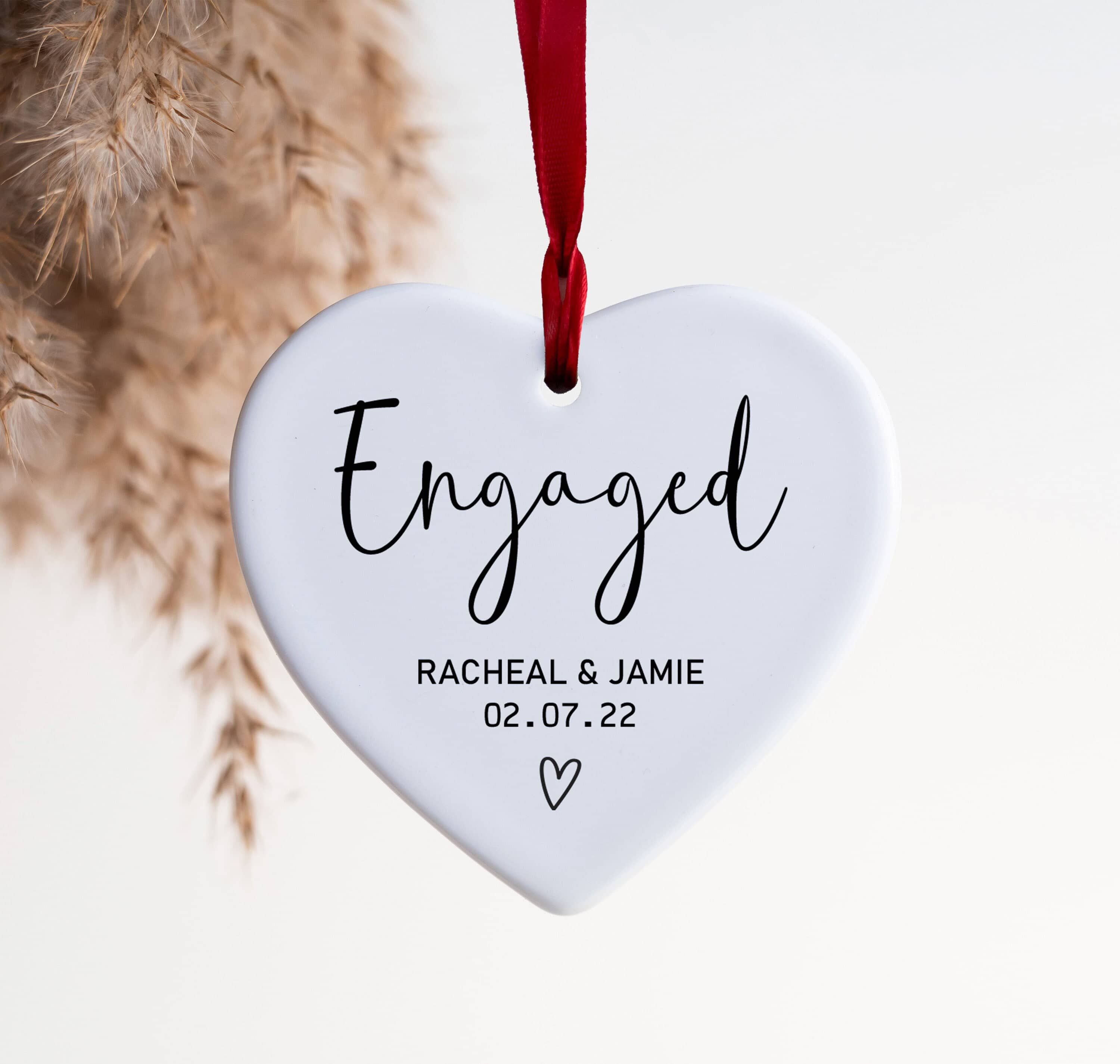 Personalised Engagement Gift Hanging Ceramic Heart with choice of Ribbon; Add Names and Date for Custom Unique Present Idea for Couple