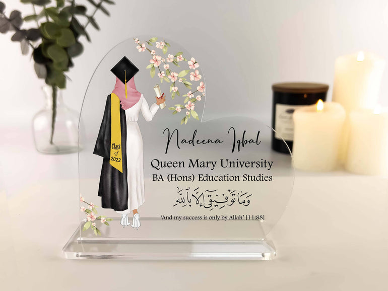 Muslim Graduation Gifts For Her, Islamic Gifts, Congratulations Graduate Presents, Custom Portrait Print Floral Acrylic Heart Plaque Frame