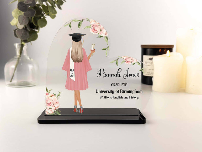 Graduation Gifts, Personalised Grad Gift for Her, Best Friend, Daughter, Sister Girlfriend Custom Portrait Print Floral Acrylic Heart Plaque