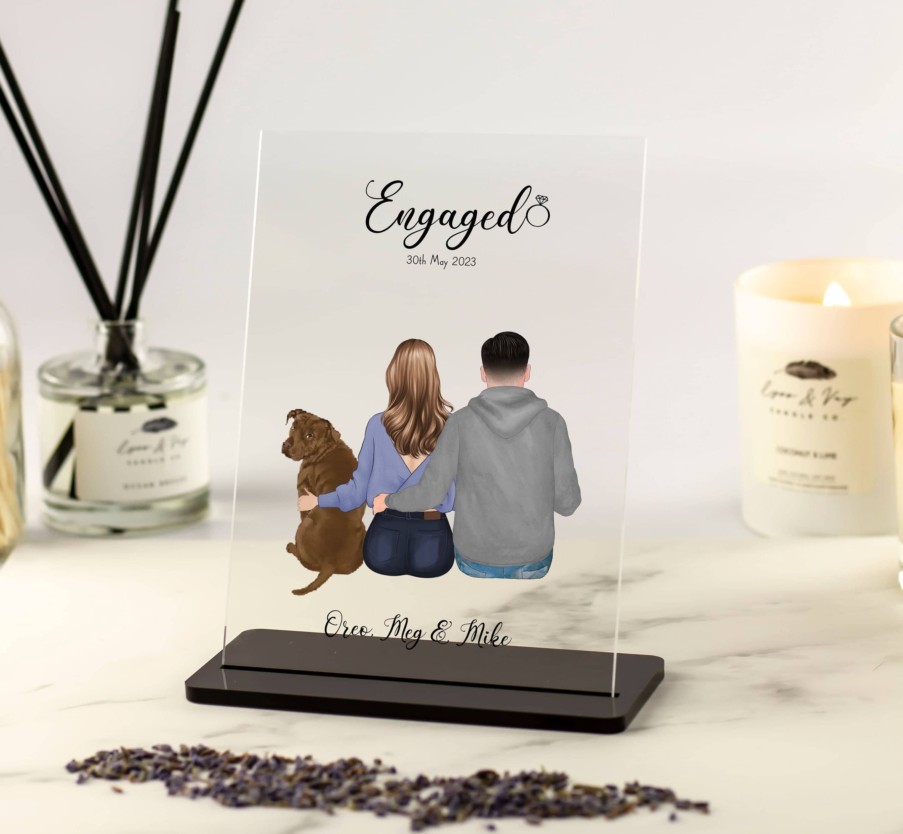 Engagement Personalised Gift, Engagement Couple and Pet Print, Engaged Present, Couples gift, bride to be gift Custom Print Acrylic Plaque