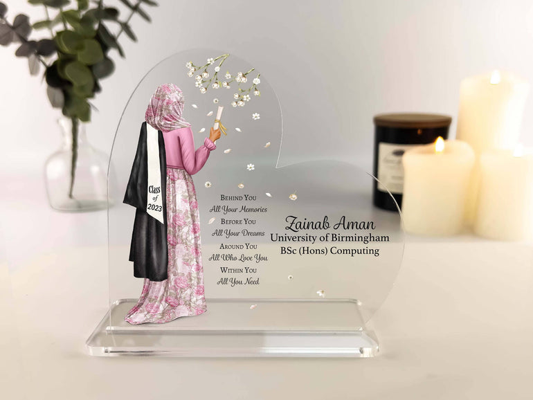 Personalised Muslim Graduation Print Heart Acrylic Plaque, Muslim Graduation Gift, Islamic Graduation Gift For Her, Floral Design