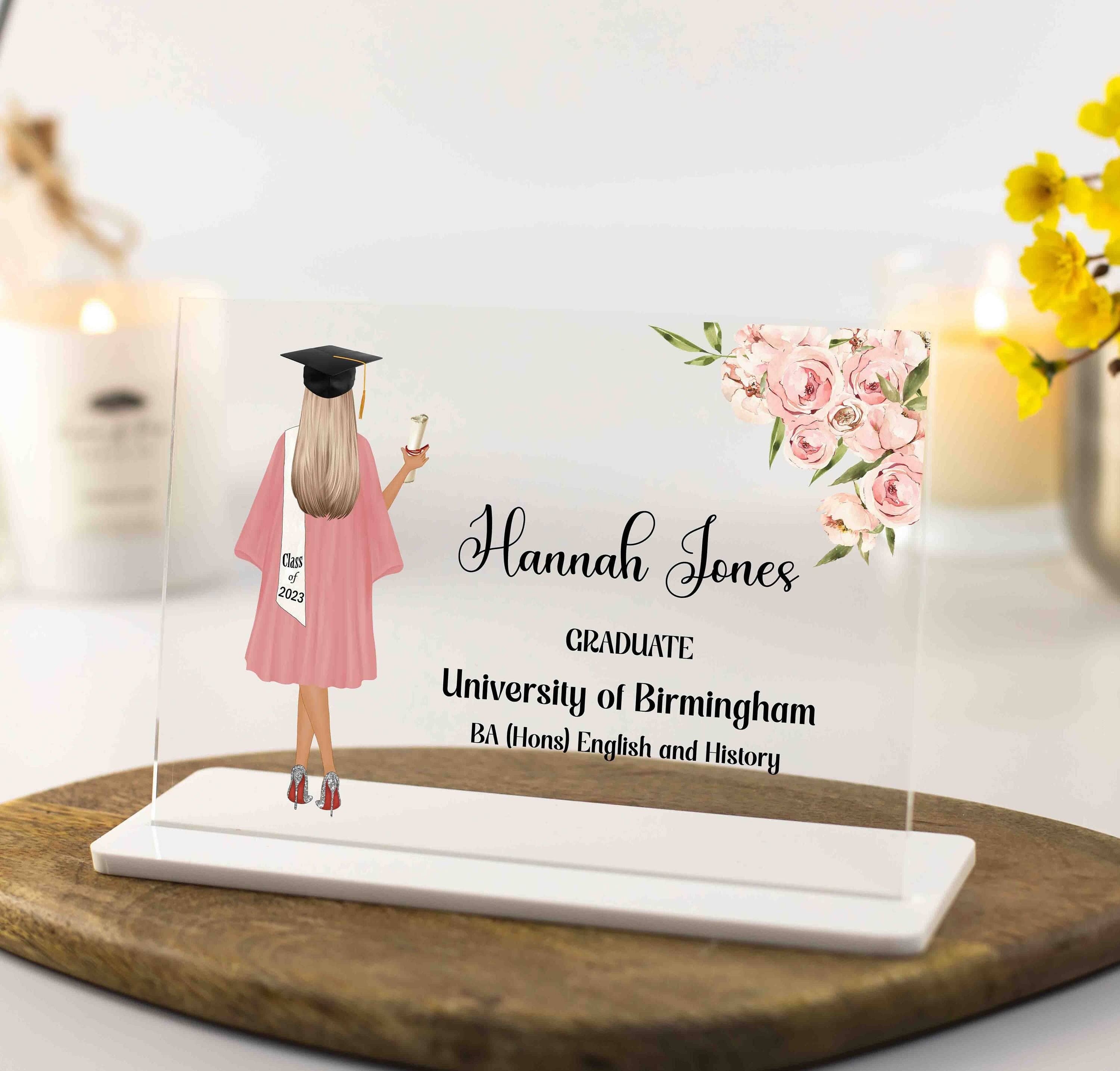 Personalised Graduation Gift for Her; Custom Portrait selecting hair, skintone, shoes, gown to create a custom portrait of the graduate