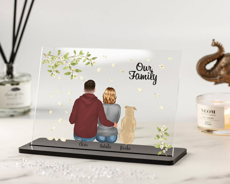 Personalised Acrylic Plaque with Couple and Pet Portrait for Anniversaries, Engagements, Weddings, Housewarming, Birthdays and more