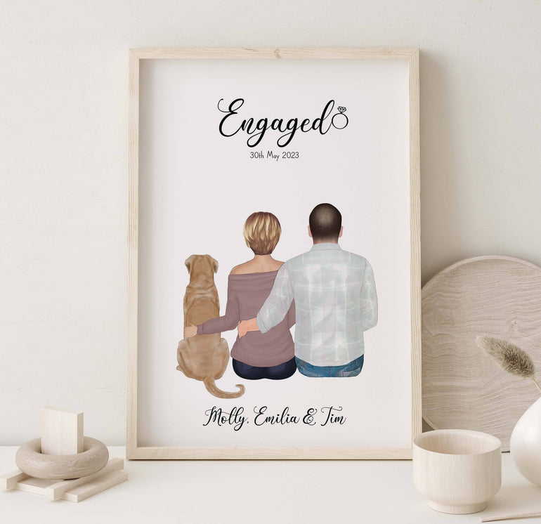 Custom Engagement Portrait Gift | Personalized Wall Art for Couple with Pet | Unique Illustration with range of Hair, Skin Tone, Clothing
